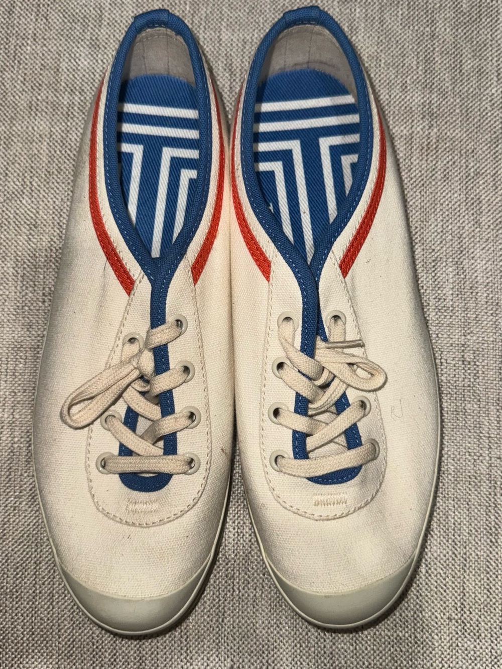 White Canvas Sneakers with Blue & Red Trim